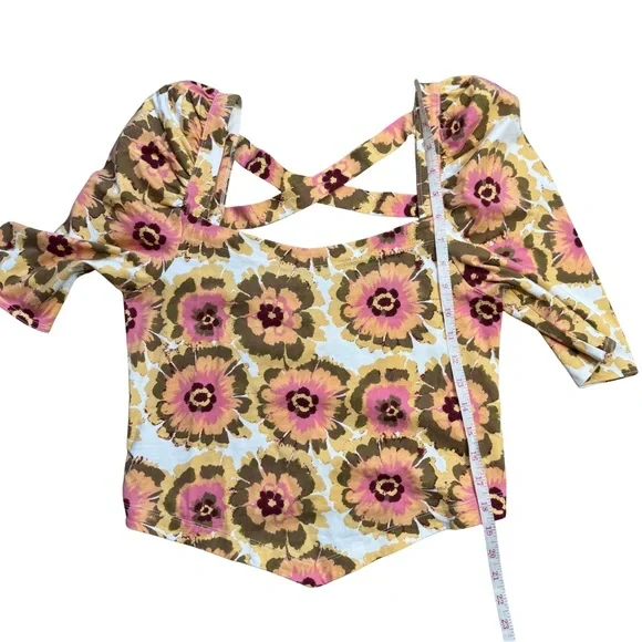 NWT Free People LARGE Give Me More Top in Ivory Combo Puff Sleeve Boho Crop Top - Picture 11 of 12